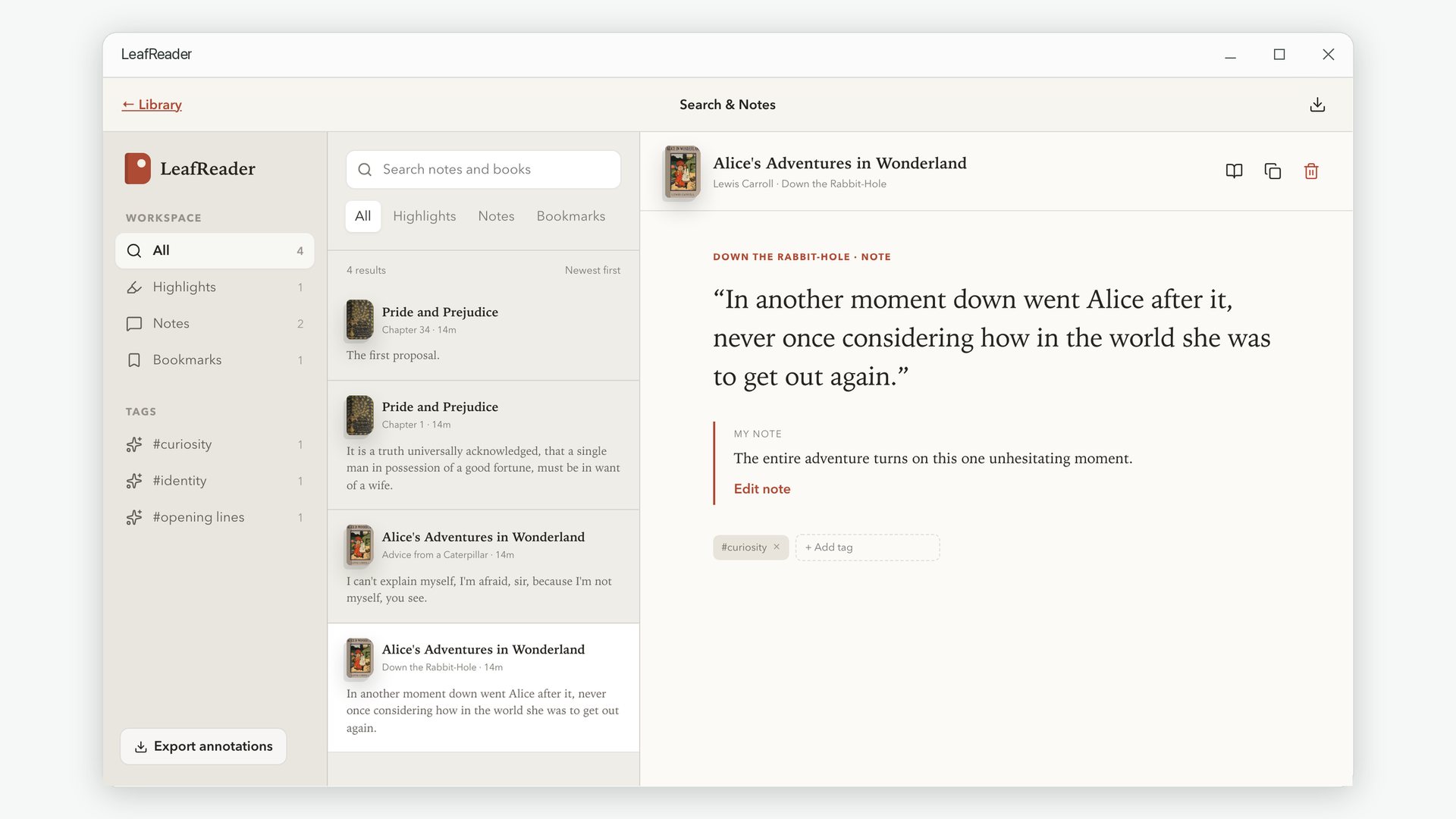 The notes workspace listing highlights and notes with tags