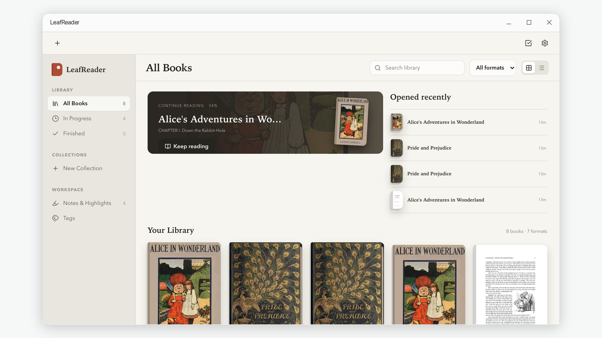 The LeafReader library showing a continue-reading card and a shelf of book covers
