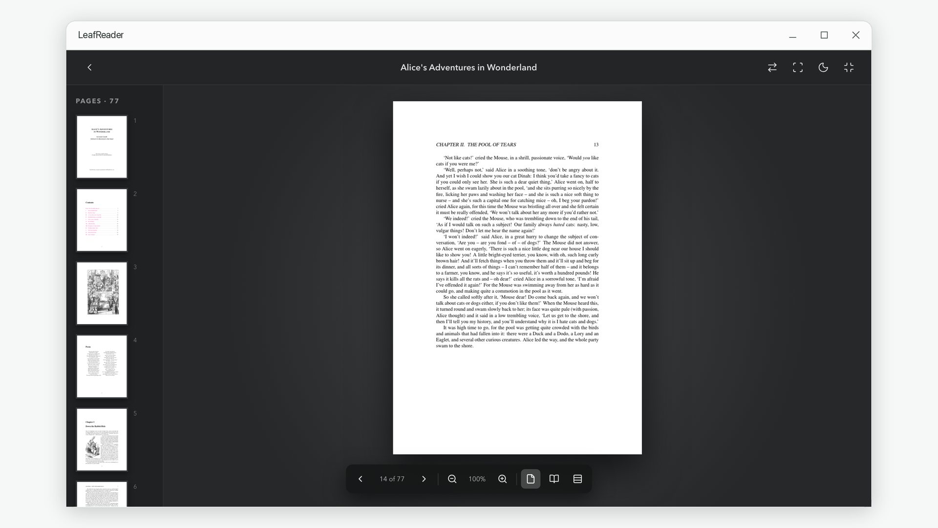 A PDF open in LeafReader, with page thumbnails along the left side