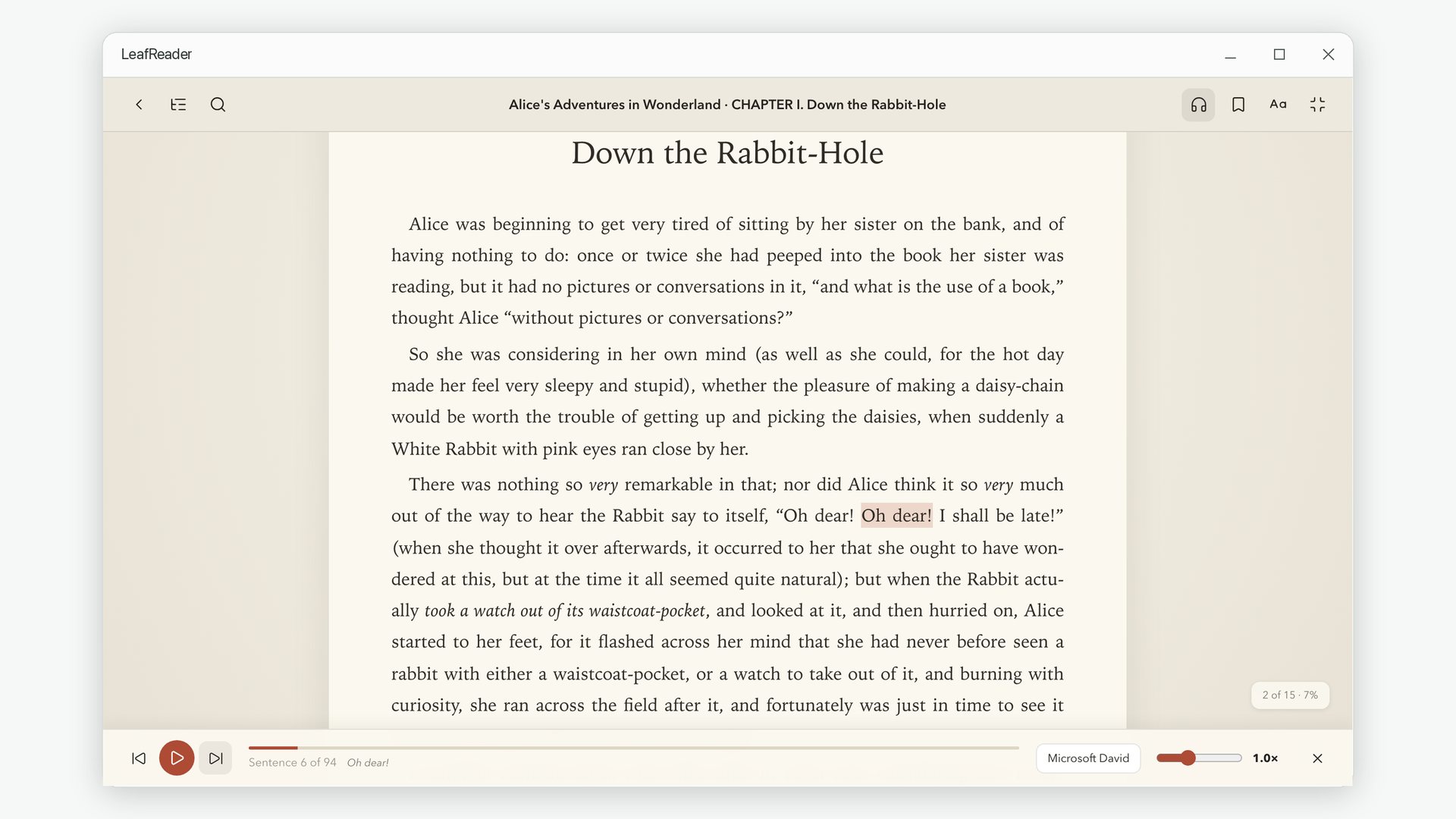 Read-aloud mode highlighting the spoken sentence, with playback controls along the bottom